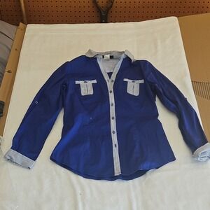MOJO Blue White Cotton V-Neck‎ Long Sleeve Blouse Button Striped Trim S